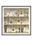 Framed artwork of a shelf with various bottles on a textured background