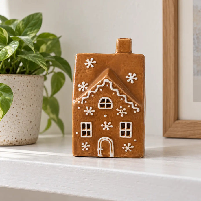 Unlit gingerbread glazed LED house on a neutral shelf beside a green plant.