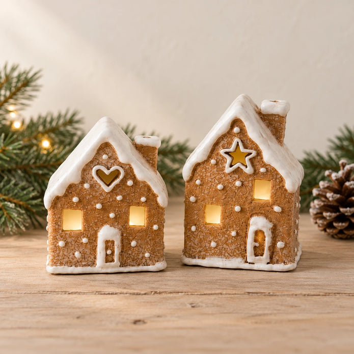 Heart and star gingerbread house tealight holder designs styled on an oak Christmas console