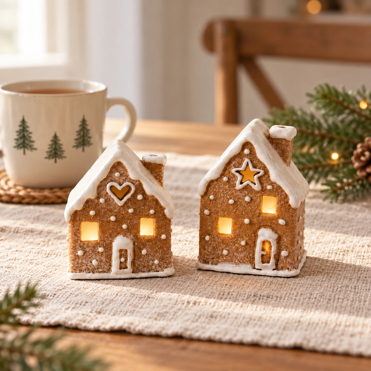 Two gingerbread house tealight holder designs beside a mug of tea on a Christmas table