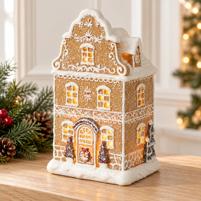 Gingerbread house with trees and white icing detail on a Christmas console