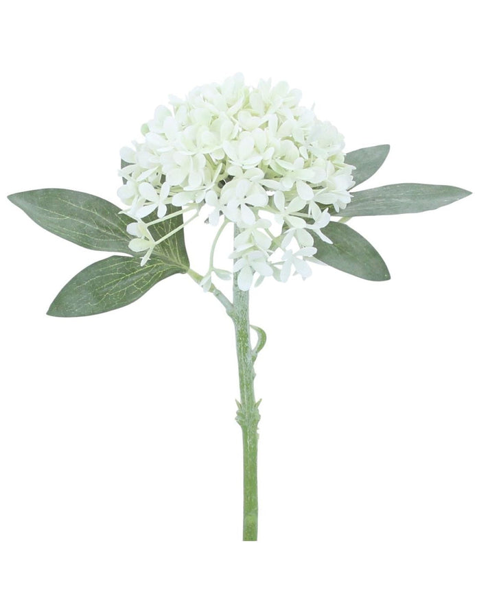 Artificial white mini hydrangea stem from Gisela Graham, showcasing realistic white hydrangea blossoms on a slender stem.