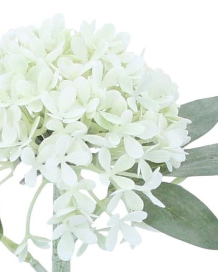 Artificial white mini hydrangea stem by Gisela Graham, realistic faux plant with delicate white blooms and green stems.