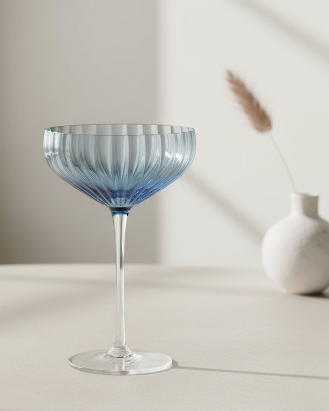 Blue ombré coupe cocktail glass with ribbed stem from Gisela Graham, perfect for elegant kitchen and dining occasions.