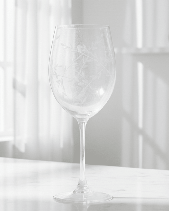 Clear wine glass with etched vine design by Gisela Graham, perfect for elegant kitchen and dining use.