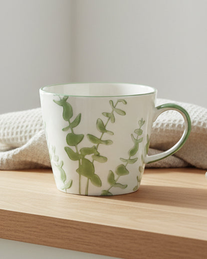 Green Eucalyptus Stoneware Mug by Gisela Graham, featuring a botanical eucalyptus design for kitchen and dining use.