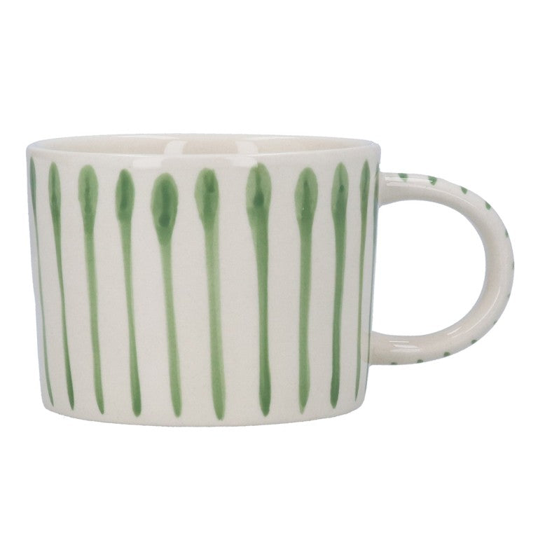 Gisela Graham stoneware mug with green stripe pattern, ideal for kitchen and dining use, featuring a smooth handle and vibrant design