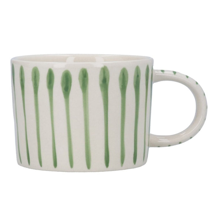 Gisela Graham stoneware mug with green stripe pattern, ideal for kitchen and dining use, featuring a smooth handle and vibrant design