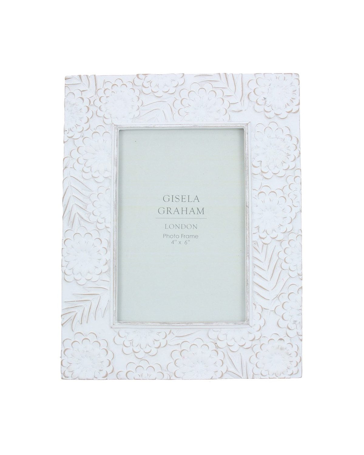 Whitewash floral resin photo frame by Gisela Graham, 4x6cm decorative picture frame with floral design.