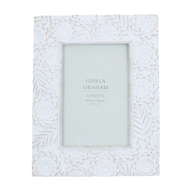Whitewash floral resin photo frame by Gisela Graham, 4x6cm decorative picture frame with floral design.