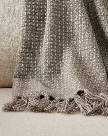 Beige cotton throw blanket with stab stitch detailing from Gisela Graham, soft and cozy for home decor or lounging.