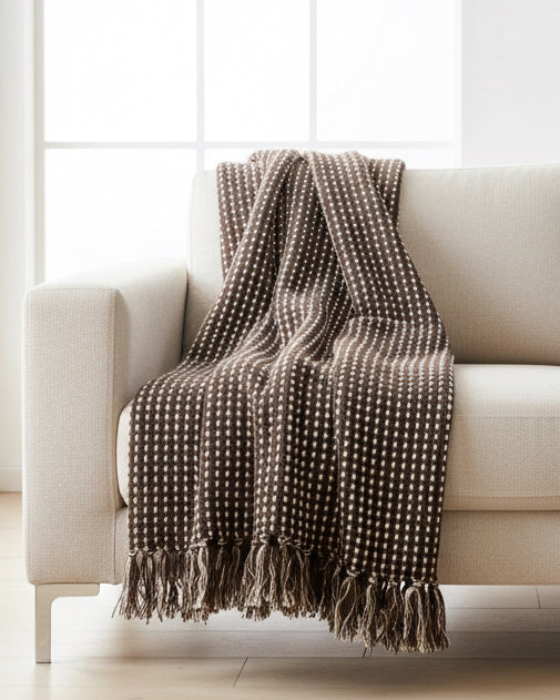 Chocolate brown cotton throw blanket with stab stitch detailing from Gisela Graham, soft furnishings for cozy home decor.