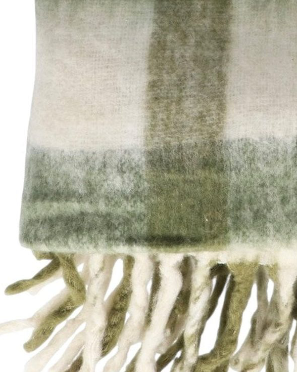 Olive green checked tassel cosy throw by Gisela Graham, soft furnishings with tassel accents and cozy fabric design.