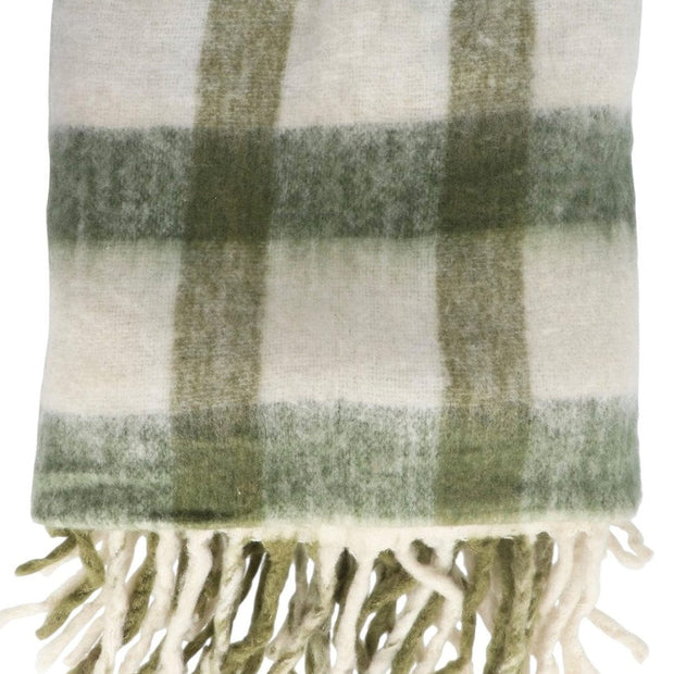 Olive green checked tassel cosy throw by Gisela Graham, soft furnishing with tassel accents and cozy plaid pattern.