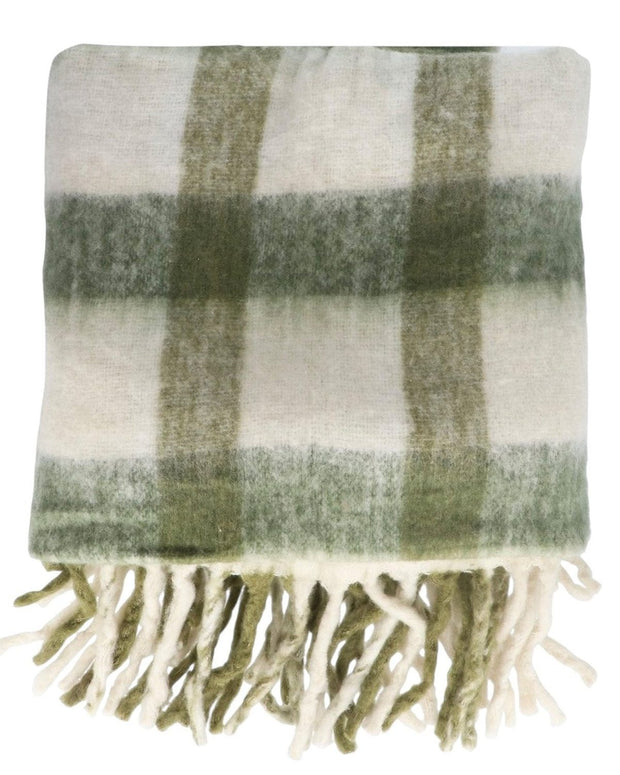 Olive green checked tassel cosy throw by Gisela Graham, soft furnishing with tassel accents and cozy plaid pattern.