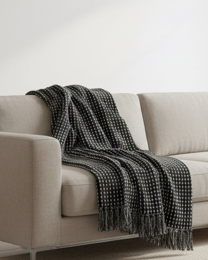 Olive green cotton throw blanket with stab stitch detailing from Gisela Graham, soft furnishings for cozy decor.