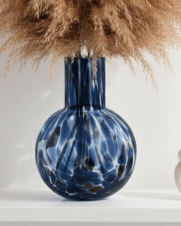 Blue and brown tortoiseshell ball glass vase by Gisela Graham, featuring a rounded shape and stylish tortoiseshell pattern.