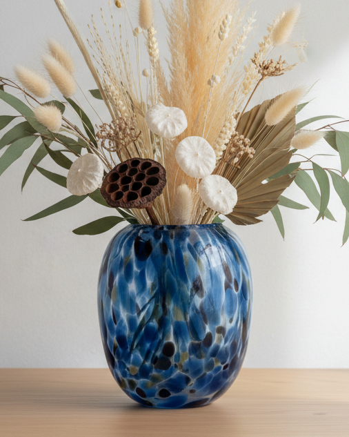 Blue and brown tortoiseshell balloon glass vase by Gisela Graham, featuring a smooth, rounded shape and decorative pattern.