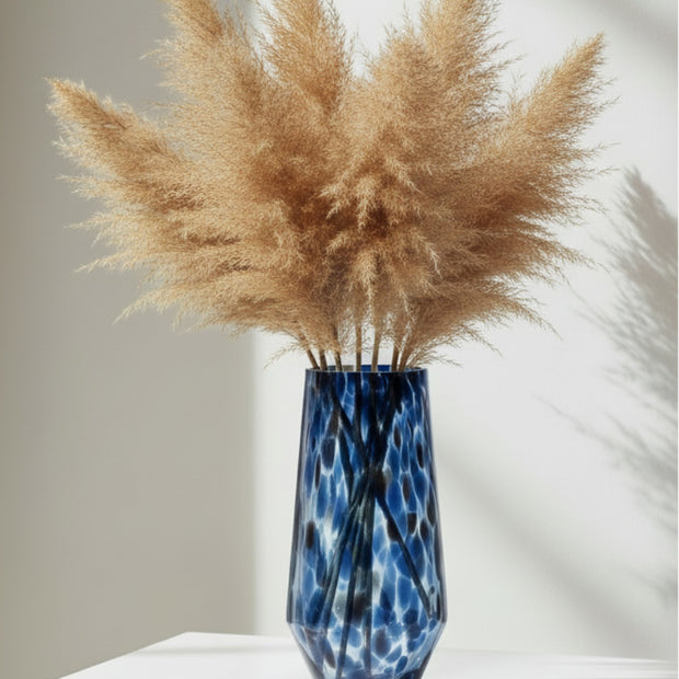 Blue and brown tortoiseshell tall glass vase by Gisela Graham, featuring a sleek design with a vibrant tortoiseshell pattern.
