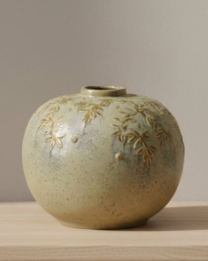 Ceramic Gisela Graham vase with olive vine detail and ball shape design, perfect for decorative floral arrangements.