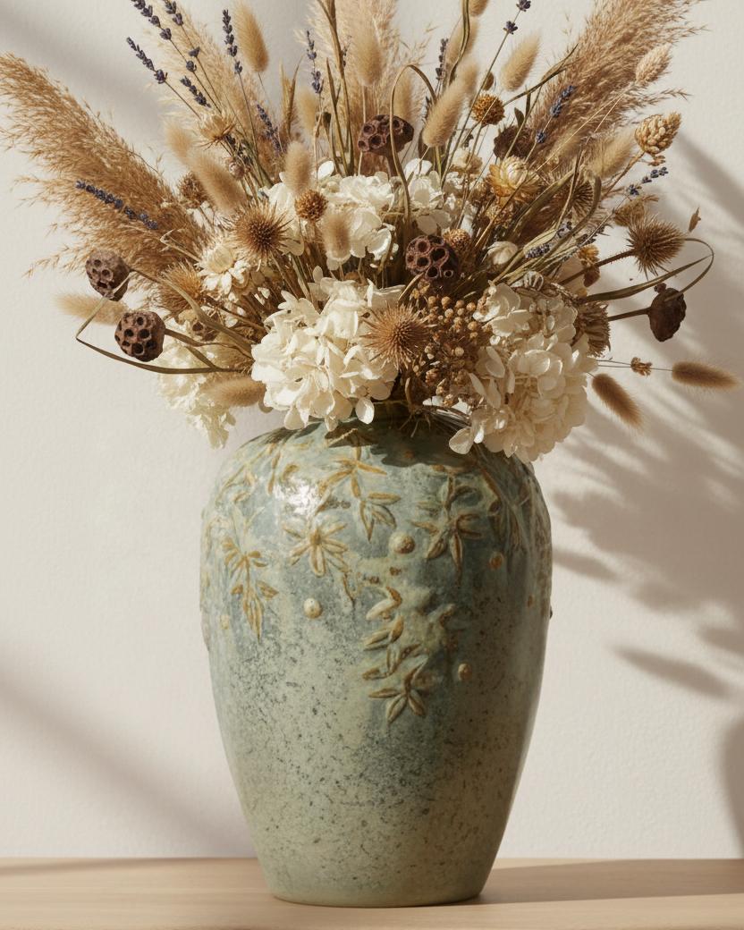 Olive green ceramic vase with vine detail by Gisela Graham, decorative vase for floral arrangements and home decor.