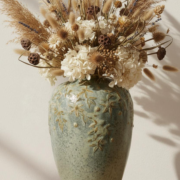 Olive green ceramic vase with vine detail by Gisela Graham, decorative vase for floral arrangements and home decor.