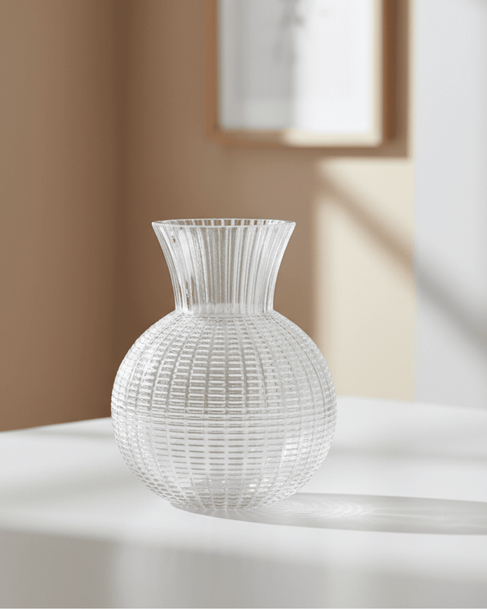Small clear glass woven ball vase by Gisela Graham with a rounded, textured design perfect for floral arrangements.