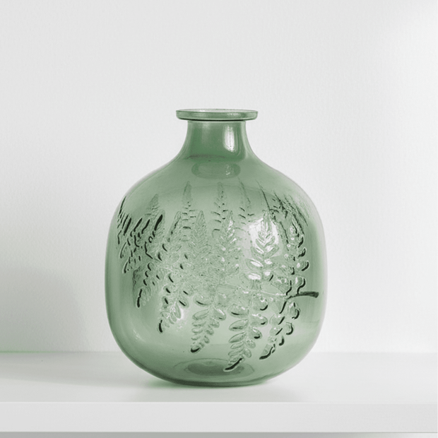 Small green glass fern ball vase by Gisela Graham, featuring a spherical shape and decorative fern design.