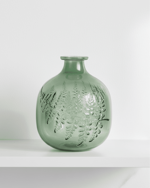 Small green glass fern ball vase by Gisela Graham, featuring a spherical shape and decorative fern design.
