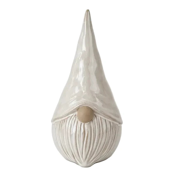 White glazed ceramic gonk full front studio view with textured beard and beige round nose