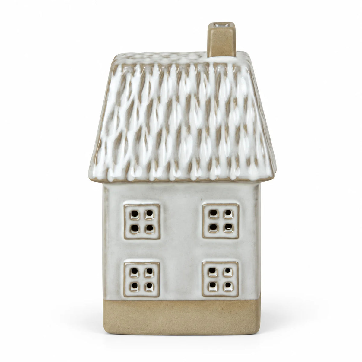 Unlit glazed ceramic house showing textured roof and natural-toned base on white