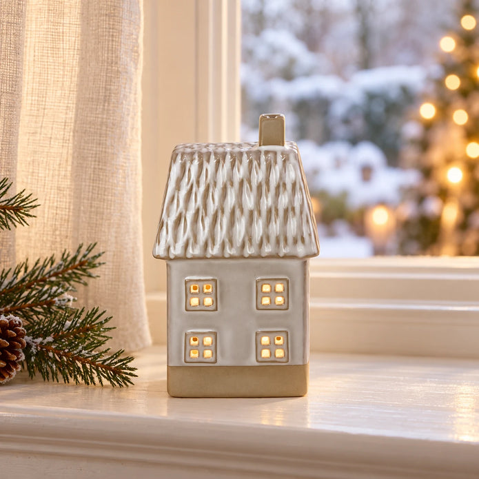 Glazed ceramic LED house on a winter windowsill with neutral festive styling