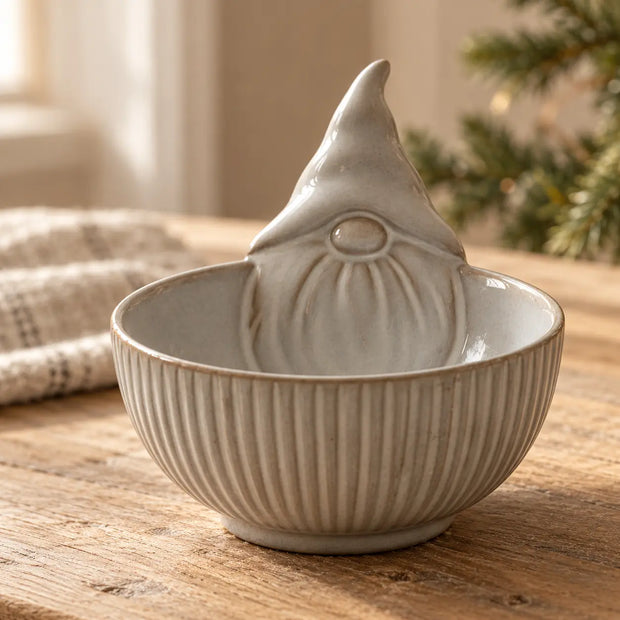 Glazed ribbed ceramic gonk bowl on a warm oak table