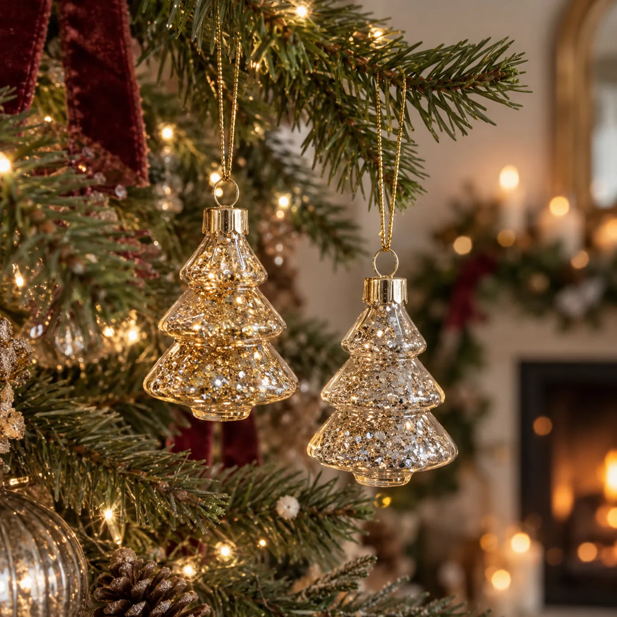 Gold and silver glitter glass Christmas tree ornaments on a decorated Christmas tree