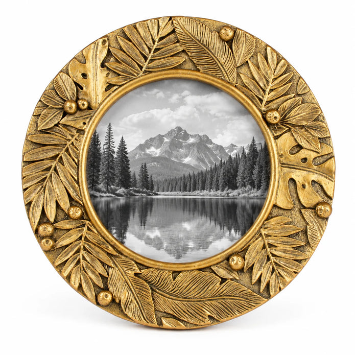 Gold Leaf Botanical round photo frame by Originals International Ltd, ornate gold leaf detailing