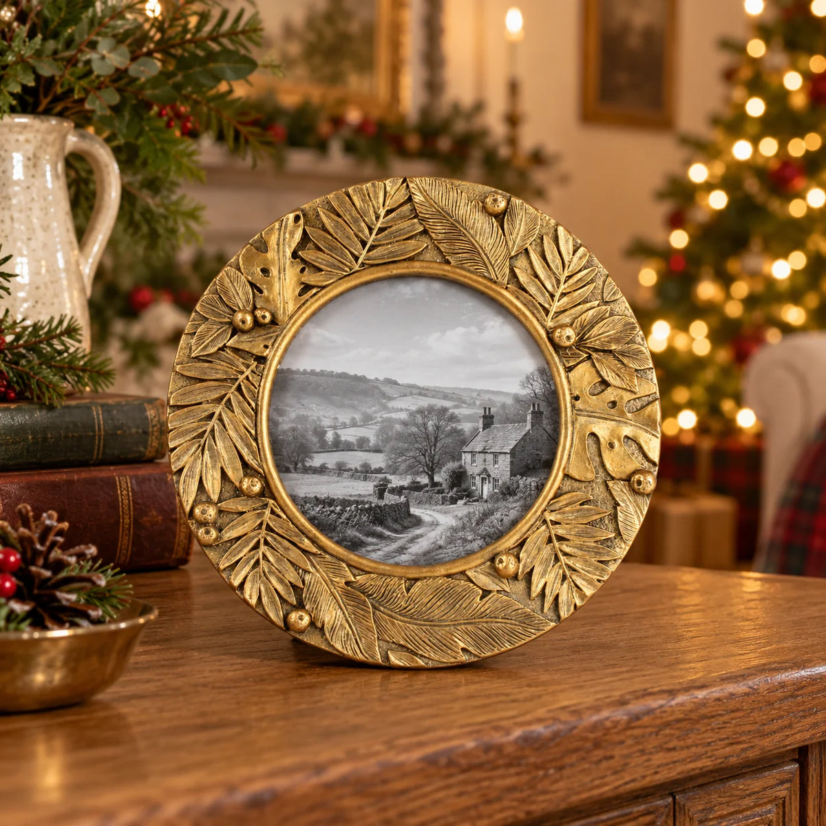 Gold botanical round photo frame by Originals International Ltd with decorative leaf detailing