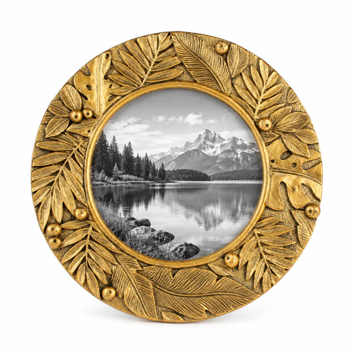 Gold botanical round photo frame by Originals International Ltd, featuring a leaf-patterned rim