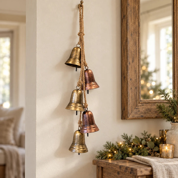Gold and copper five-bell garland hanging beside a rustic mirror above a country-style console