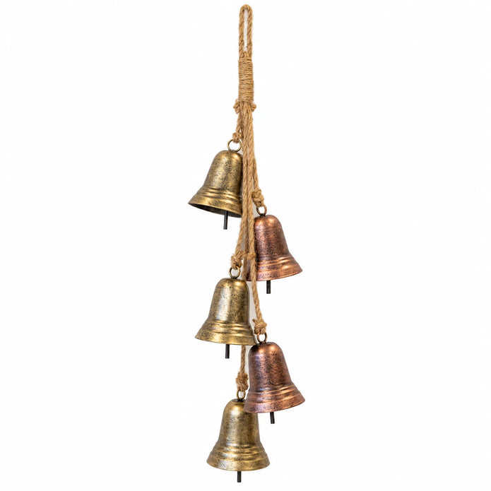 Gold and copper metal five-bell hanging garland isolated on a white background