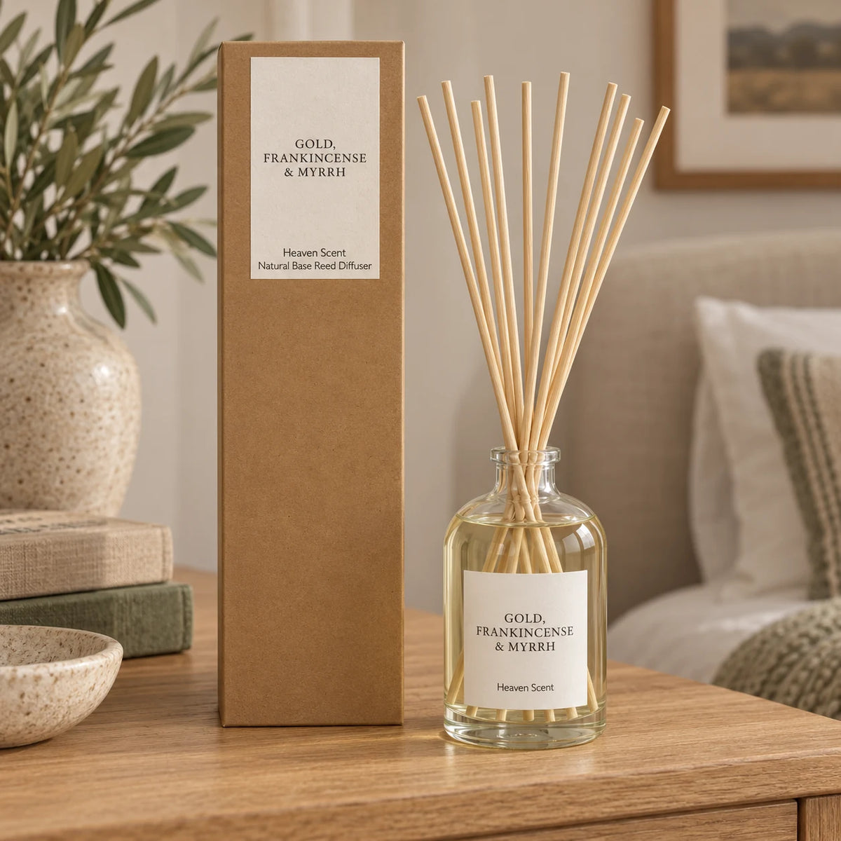 Gold, Frankincense And Myrrh Reed Diffuser with reeds inserted beside its matching kraft gift box.