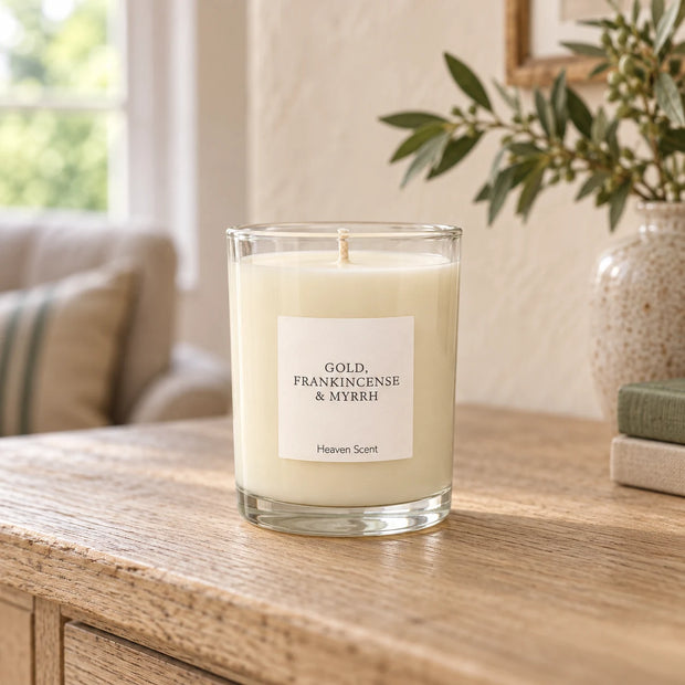 Heaven Scent Gold, Frankincense & Myrrh Medium Candle unlit on an oak console