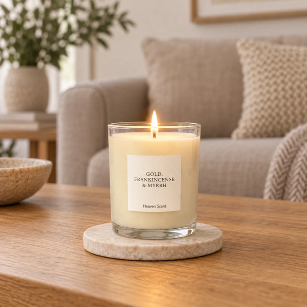 Heaven Scent Gold, Frankincense & Myrrh Medium Candle, lit in clear glass on a stone coaster in a living room