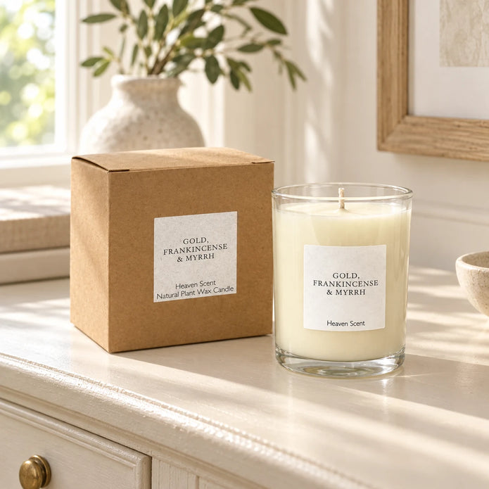 Heaven Scent Gold, Frankincense & Myrrh Medium Candle, unlit with its brown kraft box on a cream console