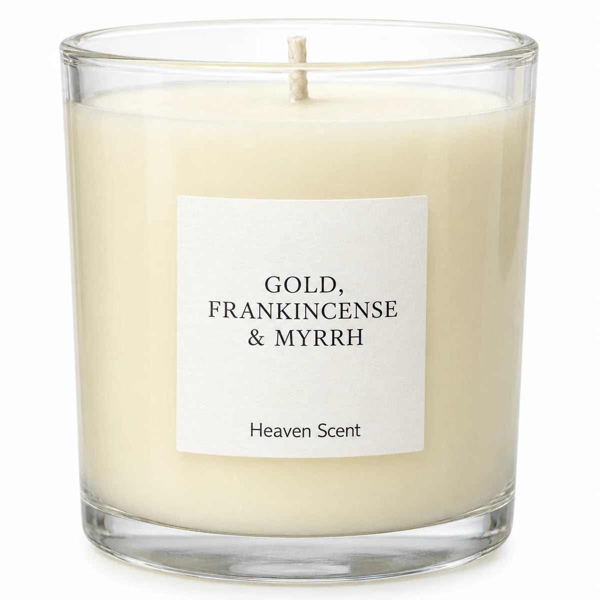 Heaven Scent Gold, Frankincense & Myrrh Medium Candle close-up of the fragrance label and glass