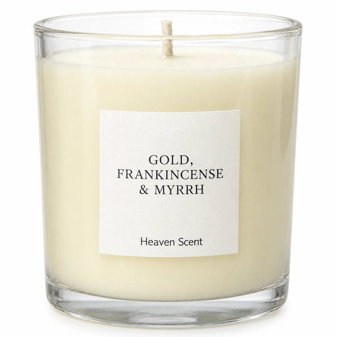Heaven Scent Gold, Frankincense & Myrrh Medium Candle close-up of the fragrance label and glass