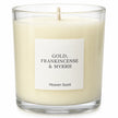 Heaven Scent Gold, Frankincense & Myrrh Medium Candle close-up of the fragrance label and glass