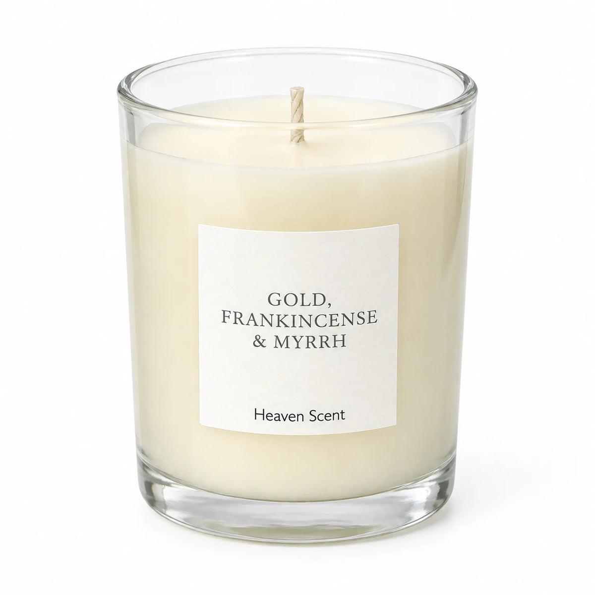 Heaven Scent Gold, Frankincense & Myrrh Medium Candle close-up of the unlit wick and wax