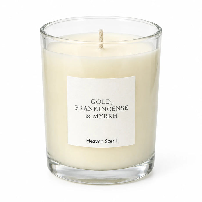 Heaven Scent Gold, Frankincense & Myrrh Medium Candle close-up of the unlit wick and wax