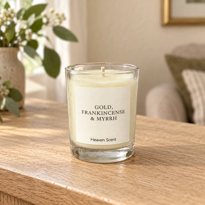 Small gold Frankincense and Myrrh scented candle by Heaven Scent Incense Ltd, featuring a decorative gold-toned design.