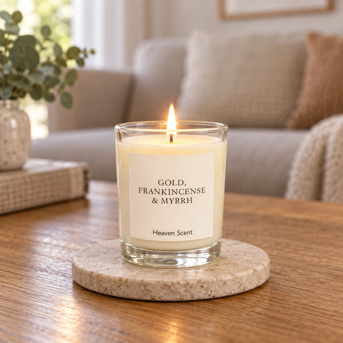 Small gold Frankincense and Myrrh candle by Heaven Scent Incense Ltd, styled in a living room setting.